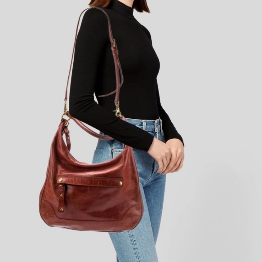 Frye Cognac Brown Leather Hobo Bag Minimalist Shoulder Purse - Picture 11 of 11